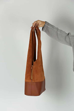 Taba Süet Ek Portföylü Büyük Boy Omuz Çantası