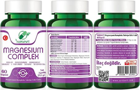 Yurdavit Magnezyum Kompleks 3x60 Kapsül Malat Bisglisinat Hidroksit Taurat L-Treonat Sitrat B6 Vitamini	