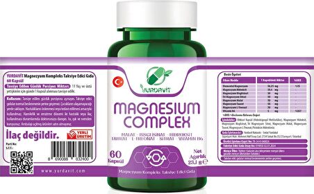 Yurdavit Magnezyum Kompleks 3x60 Kapsül Malat Bisglisinat Hidroksit Taurat L-Treonat Sitrat B6 Vitamini	