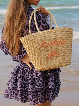 Turuncu Yazılı Püskül Detaylı Hasır Omuz Çantası