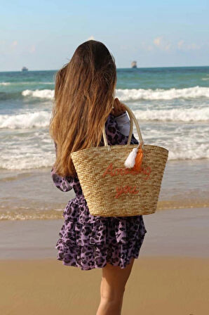 Turuncu Yazılı Püskül Detaylı Hasır Omuz Çantası