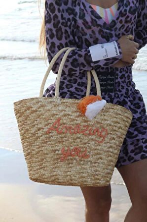 Turuncu Yazılı Püskül Detaylı Hasır Omuz Çantası