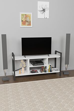 Tv Ünitesi Raflı Metal Ayaklı Tv Sehpası Beyaz