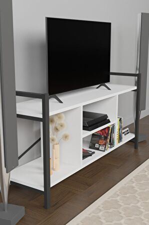 Tv Ünitesi Raflı Metal Ayaklı Tv Sehpası Beyaz