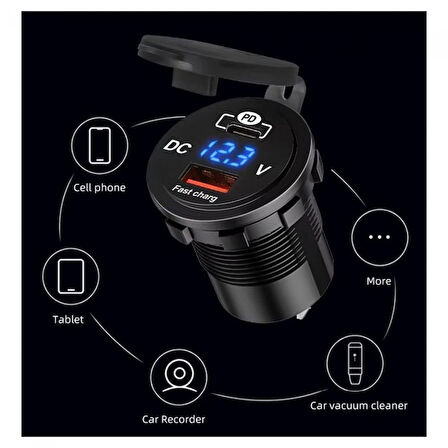 Araç tekne çakmaklık şarjı PD QC3 volt Ölçer ile Hızlı Şarj 12V/24V 