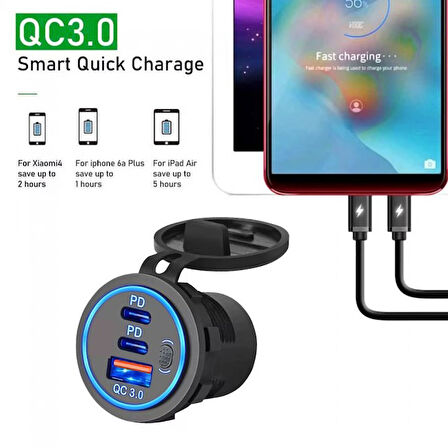 Usb Araç tekne şarj soketi PD3.0 ve QC3.0 çift USB-C bağlantı noktaları