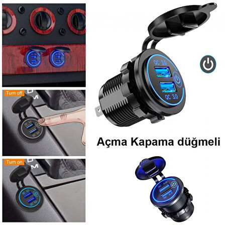 12 V/24 V QC3.0 USB Hızlı araç Şarj Soketi Dokunmatik Anahtarılı