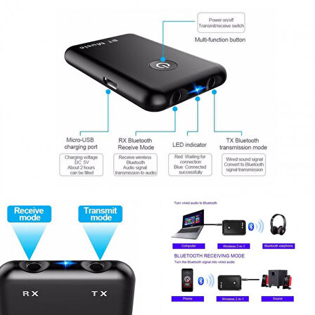 2 in 1 Bluetooth 5.0 verici alıcı kablosuz ses adaptörü aux girişli