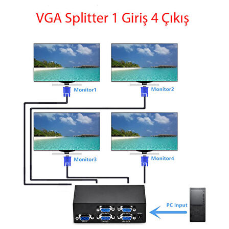 4 Port VGA Splitter 200 Mhz 1 Giriş 4 Çıkış Video Ekran Çoğaltma 
