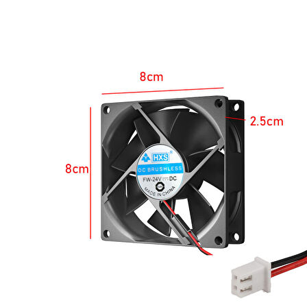 8cm 24v 2 pinli kasa fanı 8cm x 8cm x 2.5cm 2 pimli DC 24volt fan