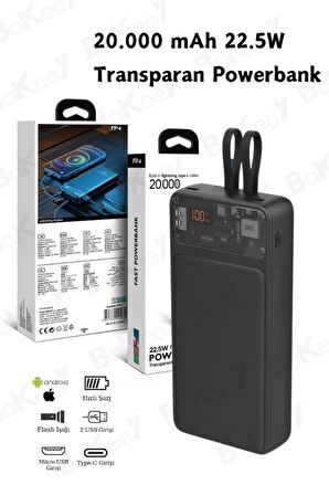 20000 Mah Taşınabilir Dijital Göstergeli Transparan Powerbank Hızlı Şarj Aleti Android Apple Uyumlu