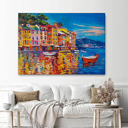 Deniz de Tekneler Yağlıboya Görünüm Dekoratif Kanvas Duvar Tablosu-3457