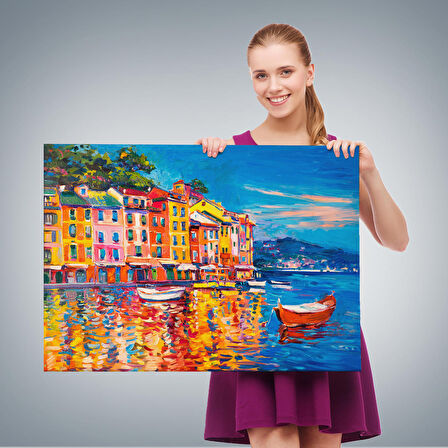 Deniz de Tekneler Yağlıboya Görünüm Dekoratif Kanvas Duvar Tablosu-3457