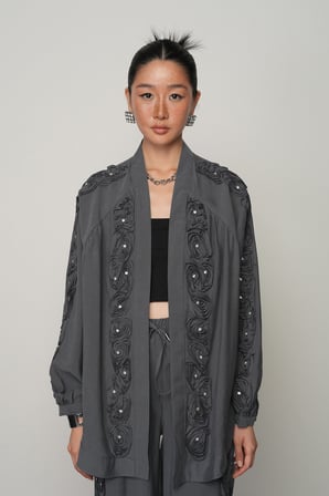 Kadın Şerit Gül ve Taş Detaylı Düz Oversize Kimono