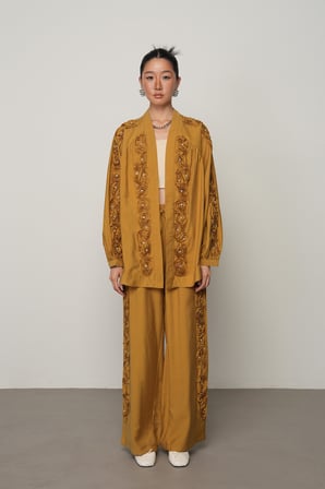 Kadın Şerit Gül ve Taş Detaylı Düz Oversize Kimono