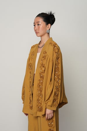 Kadın Şerit Gül ve Taş Detaylı Düz Oversize Kimono