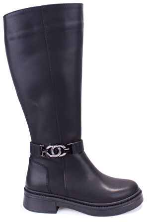 Dagoster DZA07-1275107 Siyah Fermuarlı Düz Topuklu  Kadın Çizme