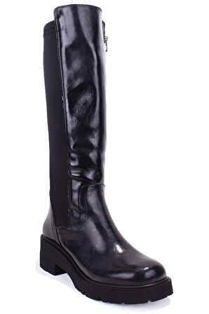 Dagoster DZA07-8961105 Siyah Rugan Günlük Streçli Düz Topuk Kadın Çizme