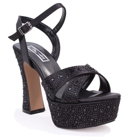 Dagoster DZA07-771900 Siyah Saten Çapraz Bant 12 cm Kalın Topuklu Platform Kadın Ayakkabı