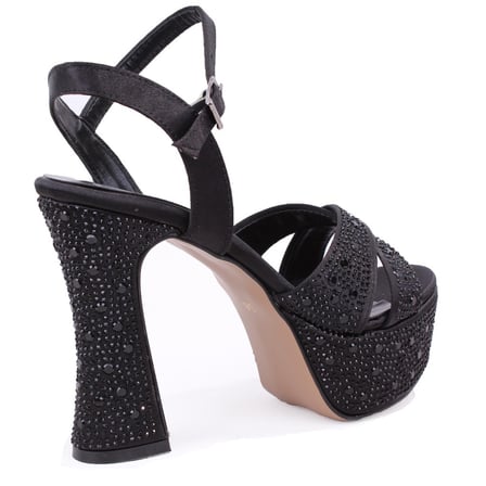 Dagoster DZA07-771900 Siyah Saten Çapraz Bant 12 cm Kalın Topuklu Platform Kadın Ayakkabı