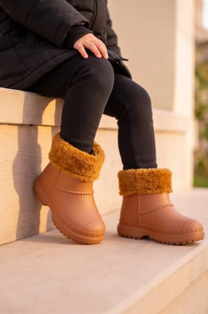 Çocuk Unisex İçi Kürklü Yağmur Çizmesi Açık Kahverengi