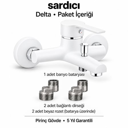 Sardıcı Delta Beyaz Pirinç Banyo Bataryası Dirsek Rozet Dahil 5 Yıl Garantili