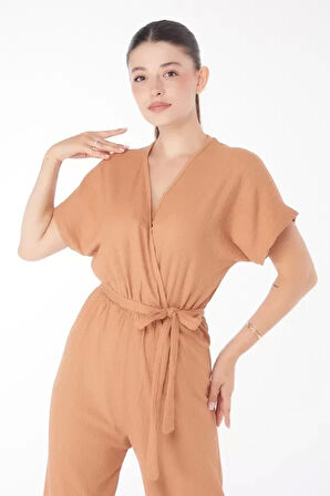 Kruvaze Yaka Kadın Vizon Kuşaklı Tulum