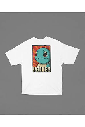 Pokemon Karakter Blue Baskılı Unisex Tişört, Oversize Çizgi Film Tişört