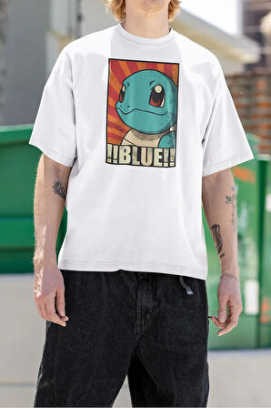 Pokemon Karakter Blue Baskılı Unisex Tişört, Oversize Çizgi Film Tişört