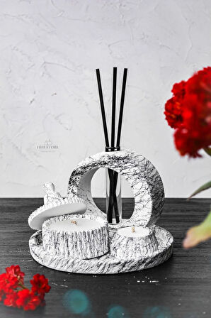 Mermer Desen Tasarım Kokulu Soya Mum, Vazo, Tealightlık, Tepsi Ve Siyah Bambu Çubuklu Oda Kokusu