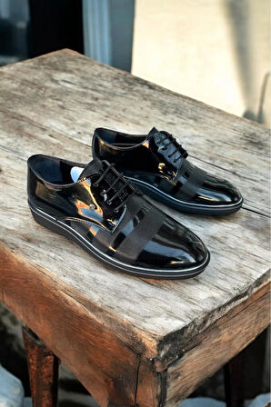 siyah rugan deri özel baskı detaylı  bagcıklı nişan dügün özel günler damatlık klasik erkek ayakkabı Siyah / 40