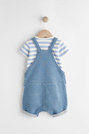 Next Baby Pamuklu Mavi Denim Fil Desenli Salopet Body Zıbın Set