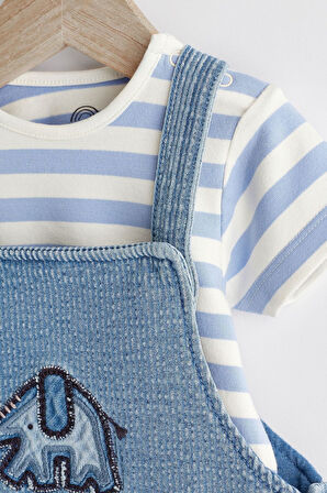 Next Baby Pamuklu Mavi Denim Fil Desenli Salopet Body Zıbın Set