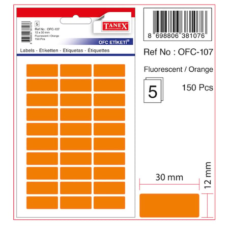 Tanex Ofis Etiketi Poşetli 12x30 Mm Fosforlu Turuncu (10 paket) OFC-107