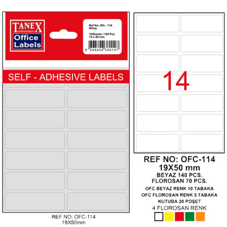 Tanex Ofis Etiketi Poşetli 19x50 MM Beyaz OFC-114-10-LI-PKT