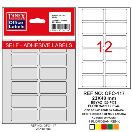 Tanex Ofis Etiketi Poşetli 23x40 MM Beyaz OFC-117 (10 lu paket)