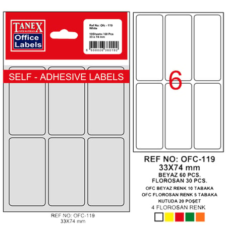 Tanex Ofis Etiketi Poşetli 33x74 MM Beyaz OFC-119 (10 lu paket)