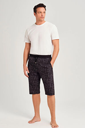 Haşema Monogram Desenli Siyah Erkek Uzun Havuz ve Deniz Şortu 2901