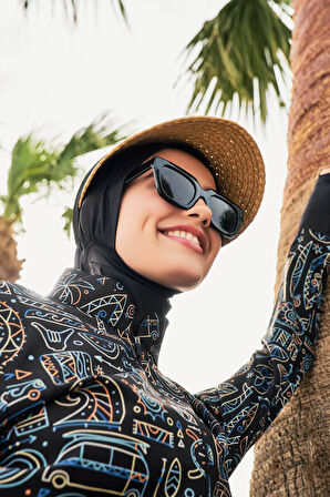 Haşema Esila Tatil Tema Desenli Jileli Tam Tesettür Mayo Üstü 2934