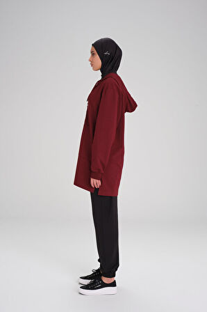 Haşema Yumuşak Dokulu Kapüşonlu Fermuarlı Bordo Basic Günlük Sweatshirt ACT-15