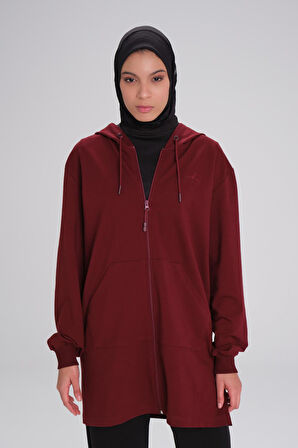 Haşema Yumuşak Dokulu Kapüşonlu Fermuarlı Bordo Basic Günlük Sweatshirt ACT-15