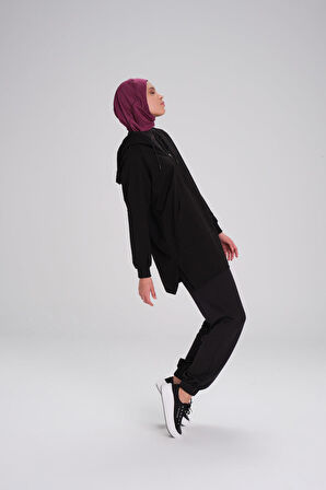 Haşema Yumuşak Dokulu Kapüşonlu Fermuarlı Siyah Basic Günlük Sweatshirt ACT-15