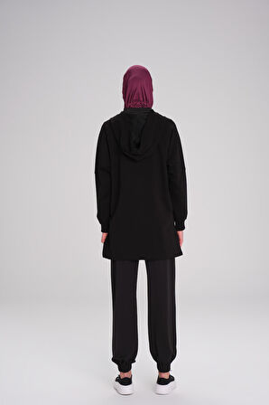 Haşema Yumuşak Dokulu Kapüşonlu Fermuarlı Siyah Basic Günlük Sweatshirt ACT-15