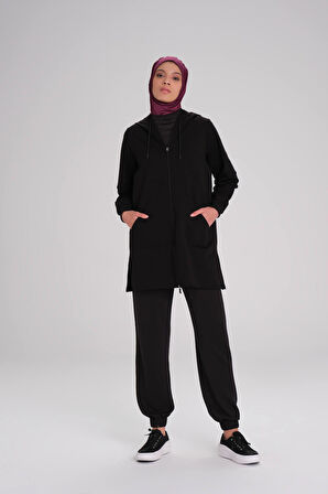 Haşema Yumuşak Dokulu Kapüşonlu Fermuarlı Siyah Basic Günlük Sweatshirt ACT-15