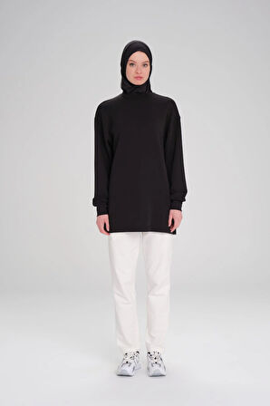 Haşema Yumuşak Dokulu Oversize Siyah Basic Günlük Sweatshirt ACT-14