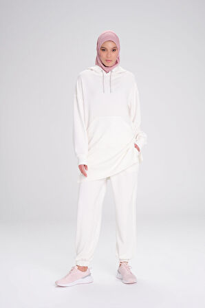 Haşema Yumuşak Dokulu Kapüşonlu Ekru Basic Günlük Sweatshirt ACT-13