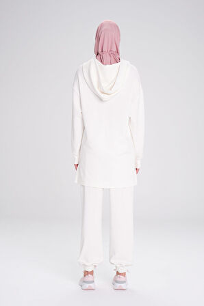 Haşema Yumuşak Dokulu Kapüşonlu Ekru Basic Günlük Sweatshirt ACT-13