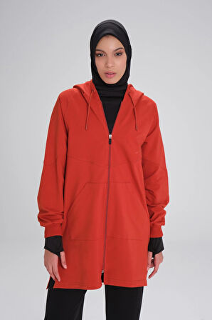 Haşema Yumuşak Dokulu Reglan Kapüşonlu Fermuarlı Kırmızı Basic Günlük Sweatshirt ACT-12