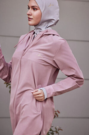 Haşema Active Uzun Kollu Kapüşonlu Fermuarlı Pembe Tesettür Antrenman Tişörtü ACT-10