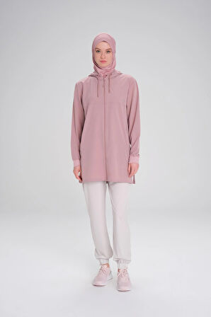 Haşema Active Uzun Kollu Kapüşonlu Fermuarlı Pembe Tesettür Antrenman Tişörtü ACT-10